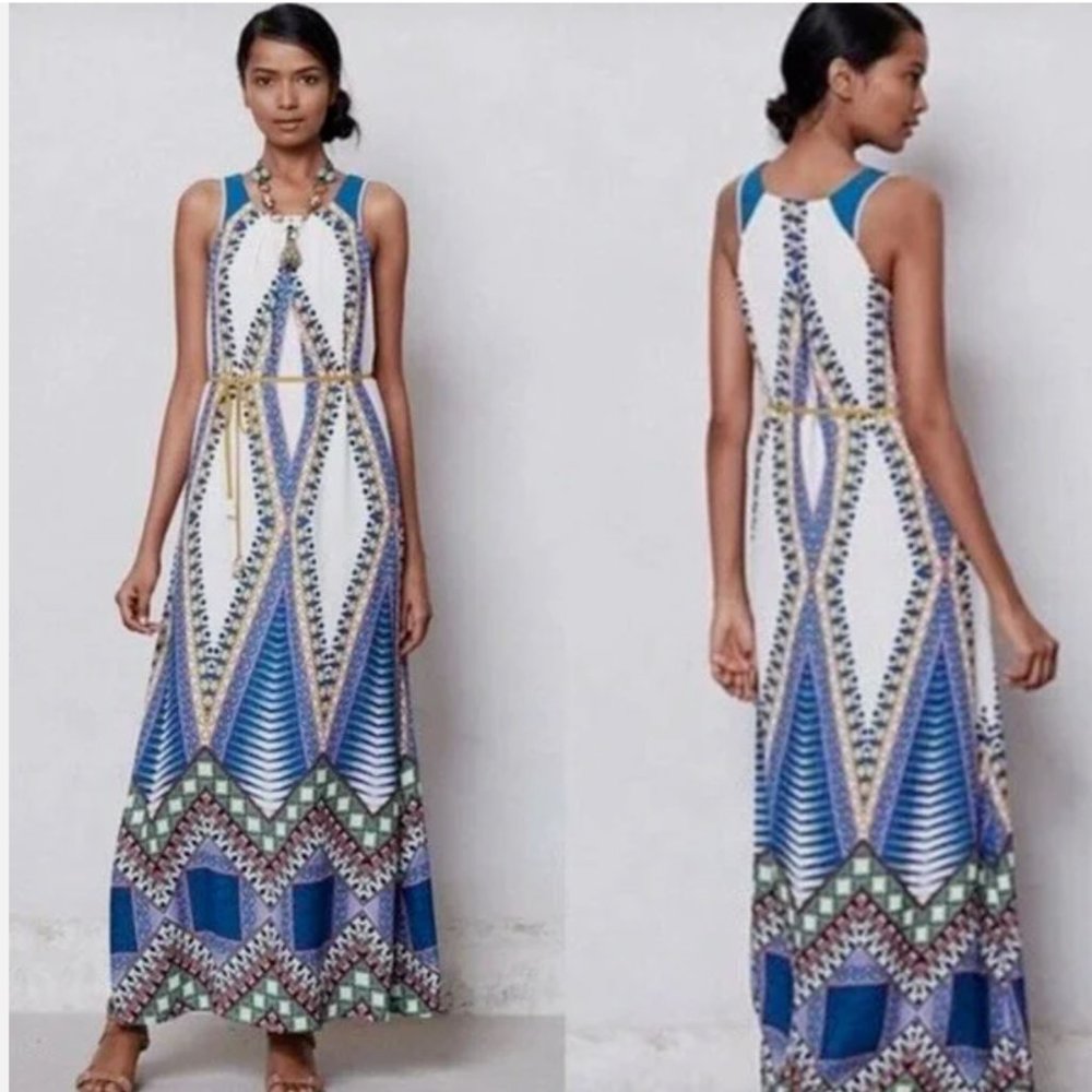 Anthropologie White and Blue Geometric Maxi Dress